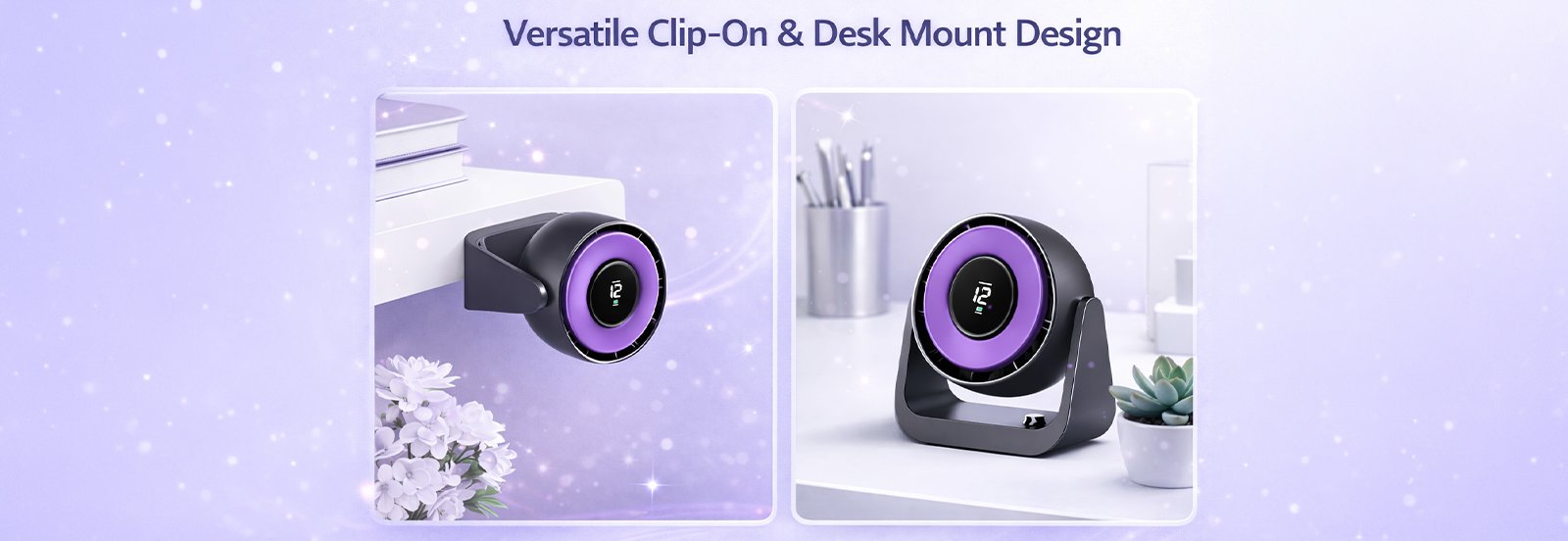 Versatile Clip-On & Desk Mount Design – Easily place it on desks, shelves, dressing tables, kitchen counters, or office workspaces for flexible cooling anywhere. Powerful Rechargeable Battery with USB-C Charging – Equipped with a long-lasting 18650 lithium battery and Type-C charging for reliable, cordless operation. Smart Digital Display for Easy Control – LED screen clearly shows fan speed and battery status, giving you complete control at a glance. Customizable Airflow with Adjustable Head – Multiple speed settings and a 360° adjustable head let you direct airflow exactly where you need it. Compact, Quiet & Efficient Cooling – Sleek portable design with an engineered spiral blade delivers strong air circulation while staying quiet—perfect for personal spaces. 