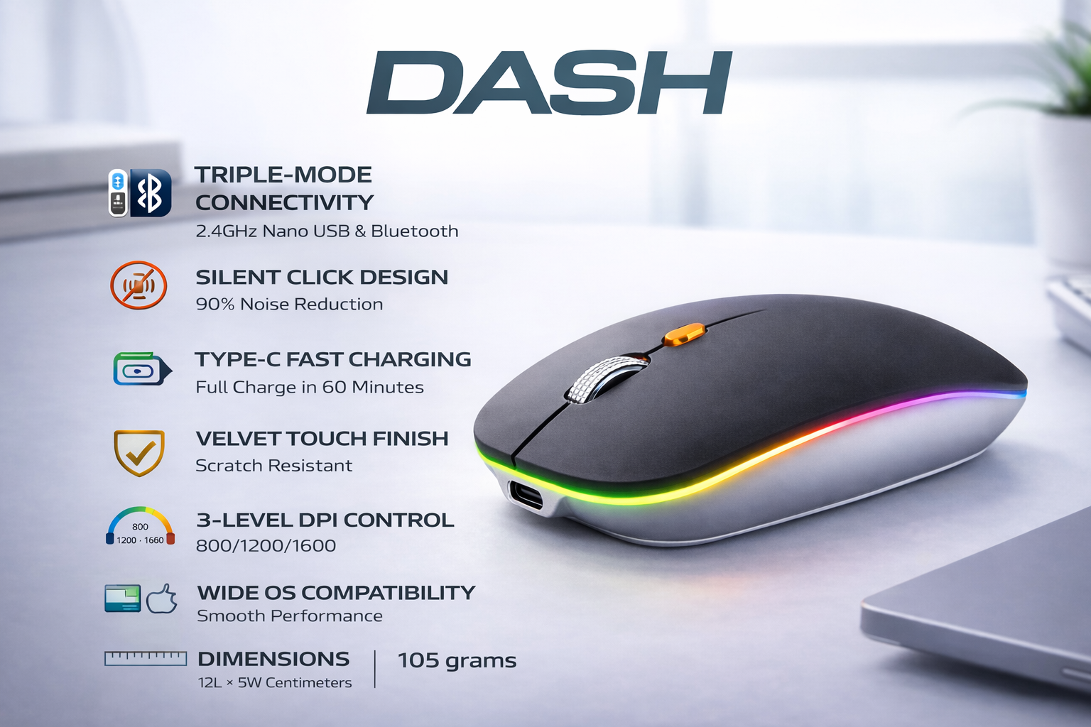 Offbeat Dash 2.4GHz Wireless + Bluetooth 5.1 +5.0 Mouse, Multi-Device Tripel Mode Type C Rechargeable Silent Click Buttons Wireless Bluetooth Mouse 3 Adjustable DPI, Works on 3 Devices 