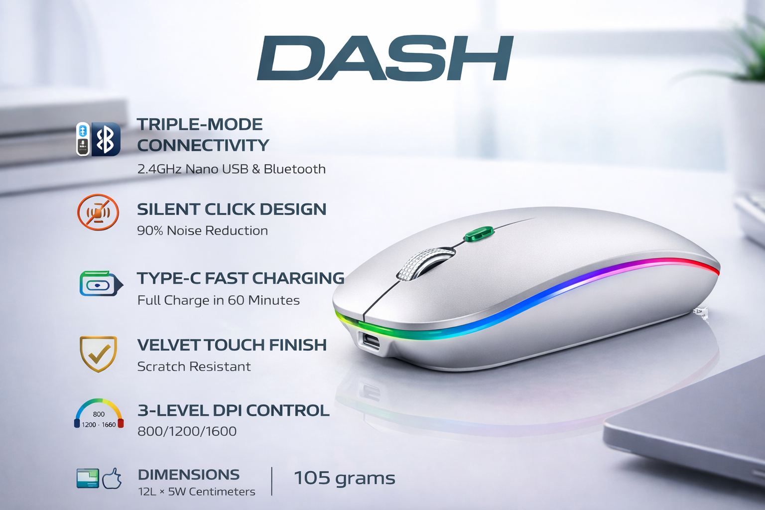 BLUETOOTH 5.1+5.0 + 2.4Ghz Wireless Tripel mode】The upgraded version mouse with Tripel Mode Connection and LED lights adds more fun to the boring office life. It can work on THREE DEVICES, connecting two devices through Bluetooth and the other through 2.4GHz USB Receiver. You could switch the mode between three devices by just toggle switching.2.4GHz mode works with laptop, desktop or any device with USB port, simply plug the USB receiver and play directly.
► 【TYPE C CHARGING WITH BATTERY INDICATOR】 It has an in-built Rechargeable Li-ion battery and does not require any external battery. Once the battery drains indicated at the bottom of the mouse you can plug the type C charging cable provided to charge it (60 mins). To save power and for long-term usage, the mouse will automatically enter into the sleep mode after 11 minutes of inactivity, it can be woken up by clicking any button.