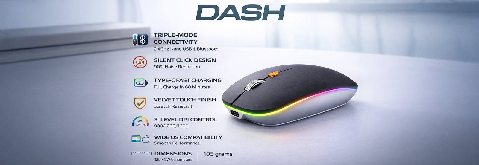 Offbeat Dash 2.4GHz Wireless + Bluetooth 5.1 +5.0 Mouse, Multi-Device Tripel Mode Type C Rechargeable Silent Click Buttons Wireless Bluetooth Mouse 3 Adjustable DPI, Works on 3 Devices 
